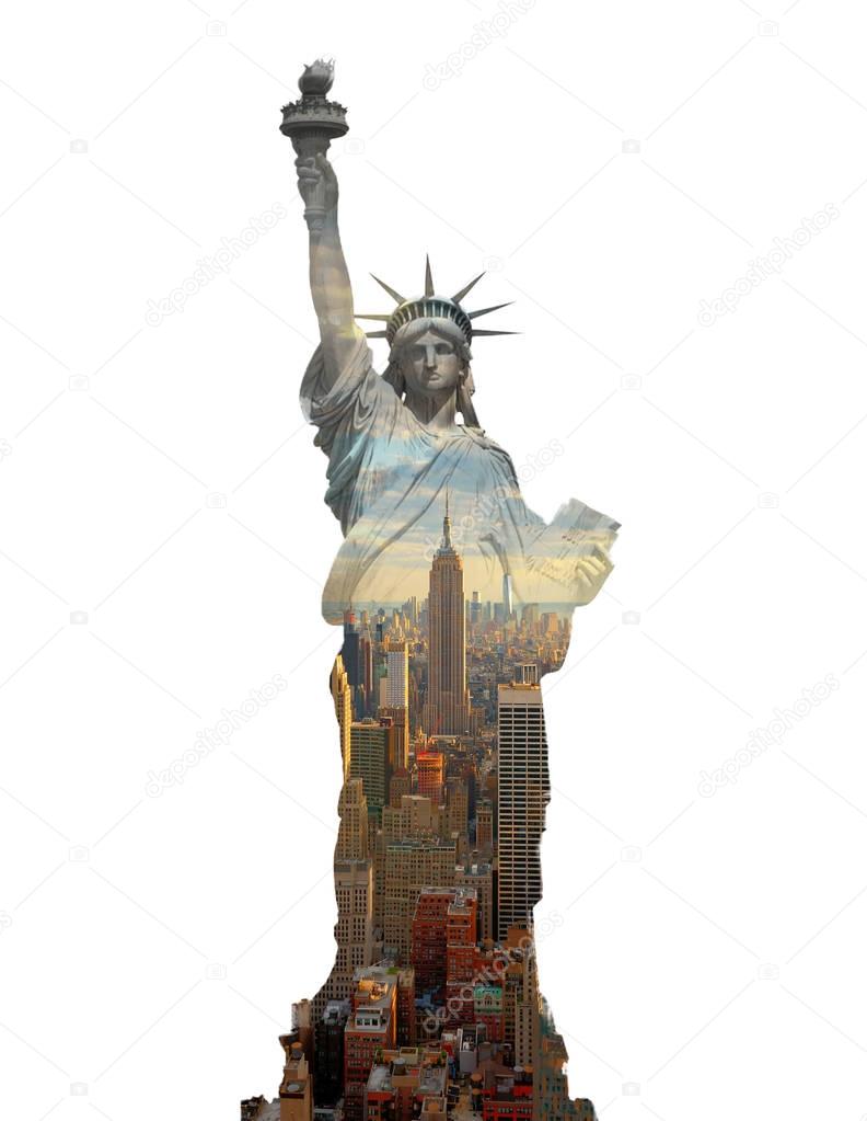 Double Exposure statue of liberty and new york city, USA