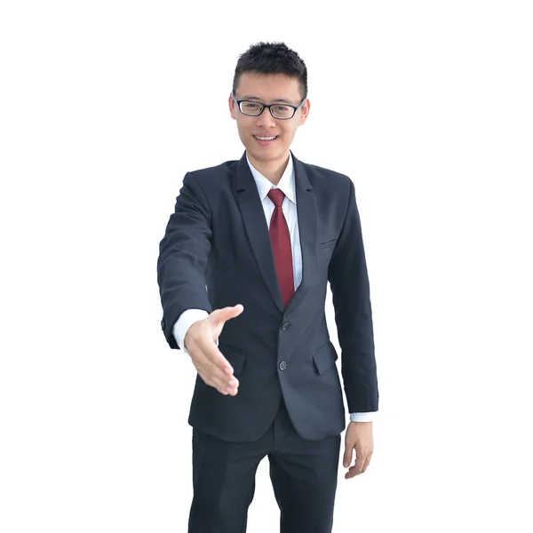Asiático homem de negócios oferecendo mão agitar isolado no fundo branco, cortando caminho para dentro — Fotografia de Stock