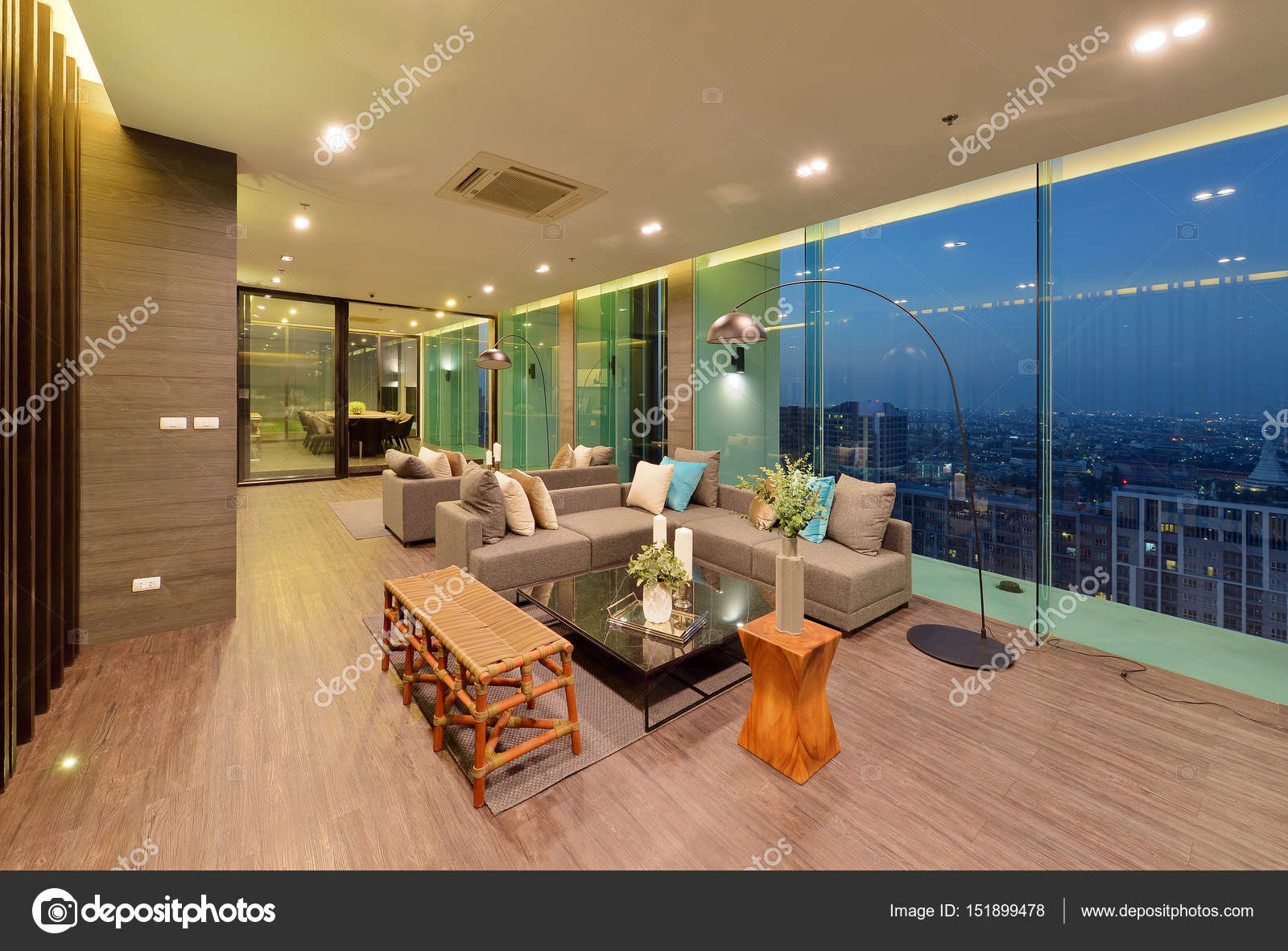 Luxury modern living room interior and decoration at night, inte Stock