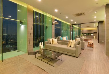 lüks modern oturma odası iç ve dekorasyon gece, Inte