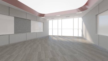boş oda ofis kurumsal, 3d render iç tasarım, sahte 