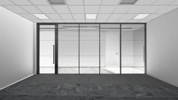 Pusty pokój w biurze firmy, 3d renderowania wnętrz, makiety — Zdjęcie stockowe