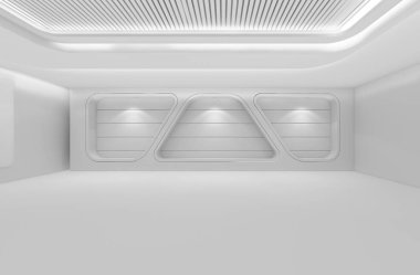 Fütüristik boş oda, 3d render iç tasarım, beyaz sahte 