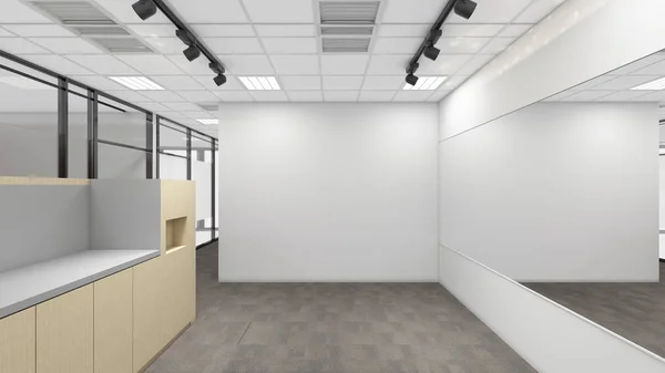 Prázdný prostor v kanceláři firmy, 3d vykreslení design interiéru, předstíranou — Stock fotografie