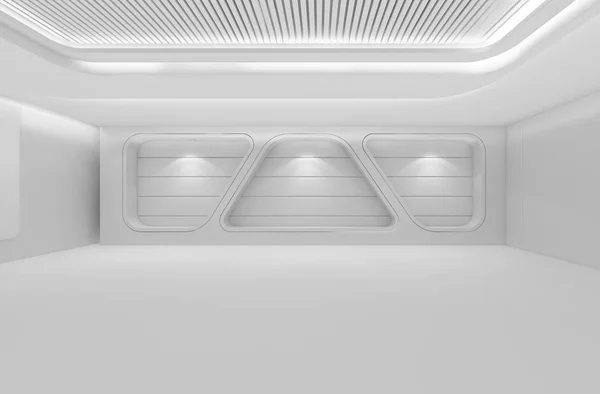 Φουτουριστικό άδειο δωμάτιο, 3d καθιστούν εσωτερικό σχεδιασμό, λευκό mock up — Φωτογραφία Αρχείου