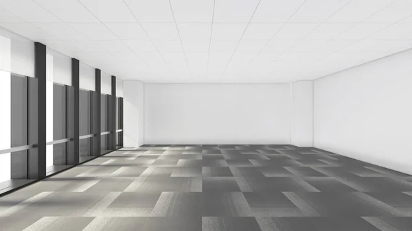 Pusty pokój w biurze firmy z windows, 3d renderowania wnętrze — Zdjęcie stockowe