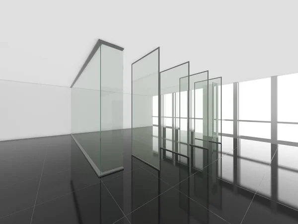 Portas de vidro na moderna sala vazia, 3d renderizar design de interiores, moc — Fotografia de Stock