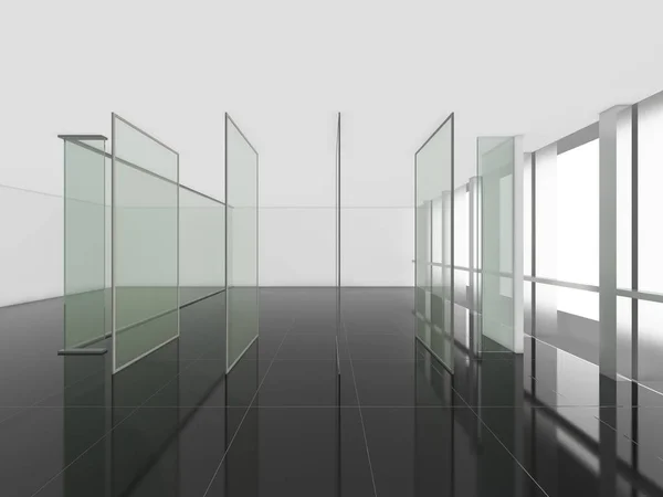 Puertas de vidrio en la habitación vacía moderna, 3d diseño de interiores de renderizado, moc — Foto de Stock