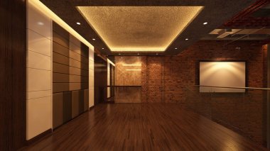 Loft boş oda, 3d render iç tasarım, illüstrasyon kadar alay
