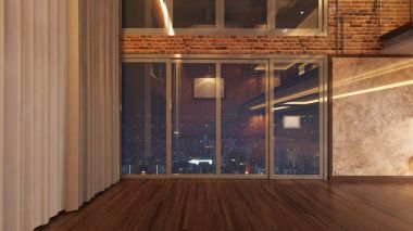 Loft boş oda, 3d render iç tasarım, illüstrasyon kadar alay