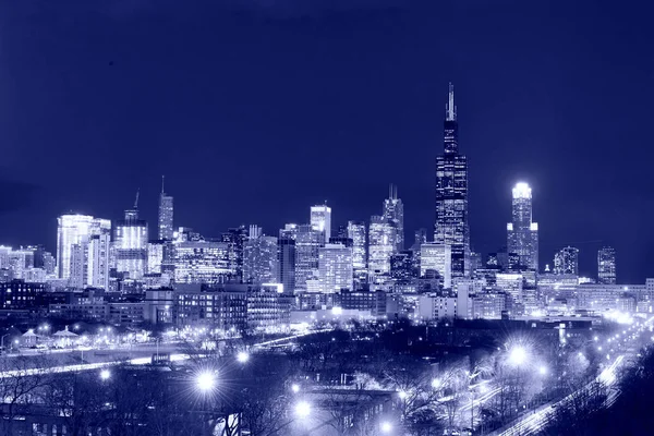 Skyscrapers in City of Chicago at night, Illinois, USA