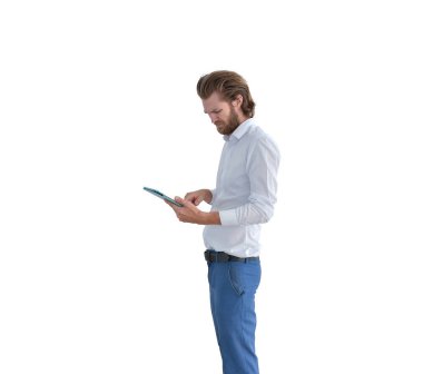 Batı işadamı beyaz izole tablet kullanma vurguladı
