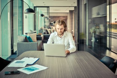 Oturma odasında bir dizüstü bilgisayar kullanarak Batı işadamı vurguladı