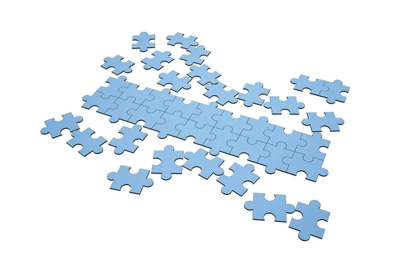 Blue jigsaw puzzles disrupted and separated with a row for copy — Stock Photo, Image