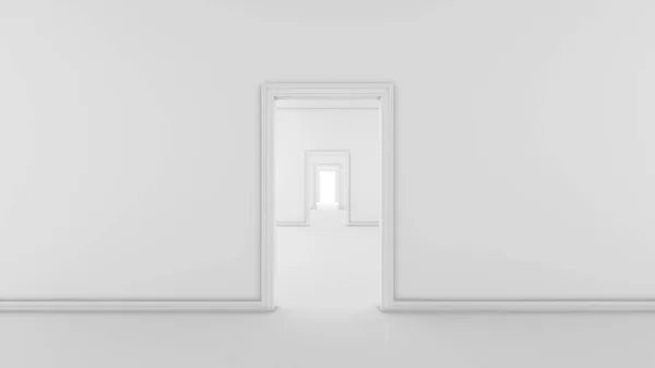 Futurista habitación vacía blanca con puertas y pasillo, 3d render —  Fotos de Stock