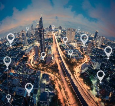 Harita PIN düz, şehir, küresel iş ve ağ bağlantısı