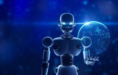 Sanal ekran, fütüristik Dünya gezegeni tutan robot