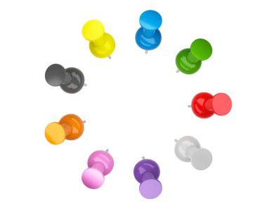 Renkli itme pimleri, beyaz arka plan üzerinde 3d izole raptiye