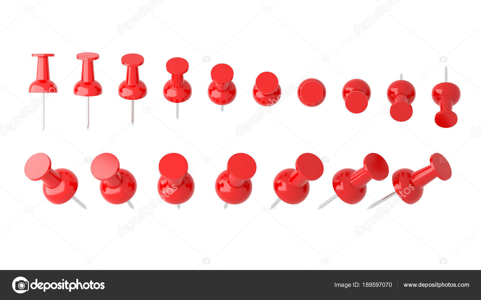 Collection of various red push pins. Thumbtacks on white Stock