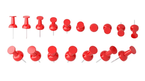 Sammlung verschiedener roter Stecknadeln. Daumenschrauben auf Weiß — Stockfoto
