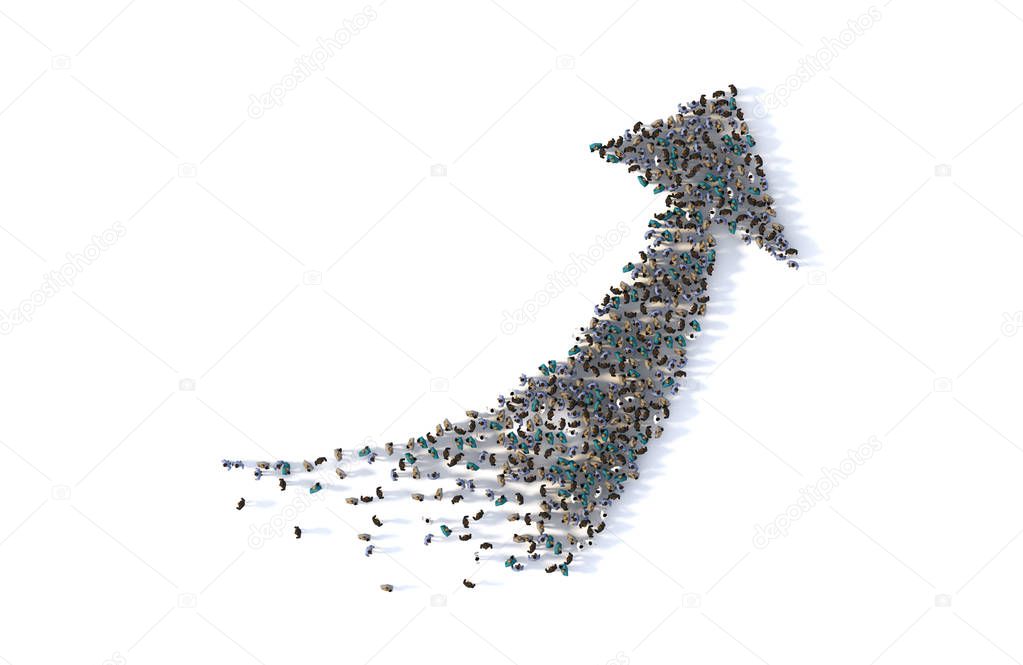 Large group of people forming a big arrow symbol on white