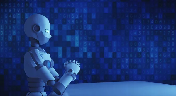 Robot sitting in front of empty table with data code, artificial — Stock Photo, Image