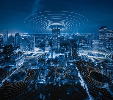 Akıllı şehir ve bağlantı hatları. Internet wifi kavramı küresel