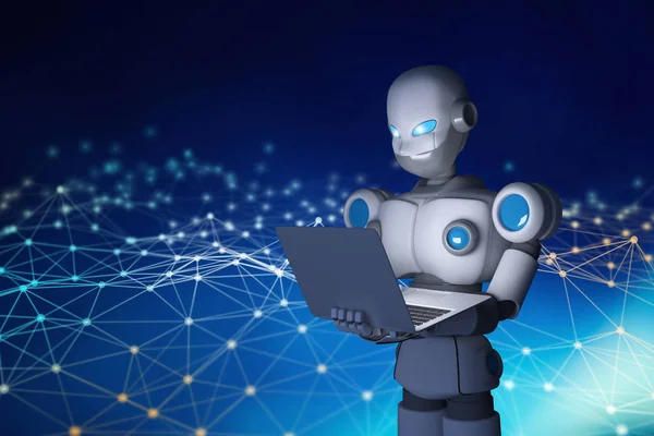 Robot using a laptop computer with connection lines, artificial — Stock Photo, Image