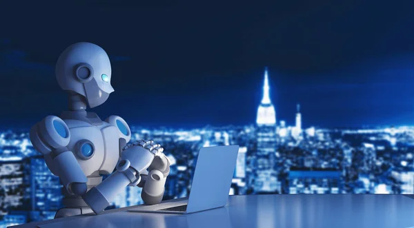 Robot using a laptop computer in city, artificial intelligence — Stock Photo, Image