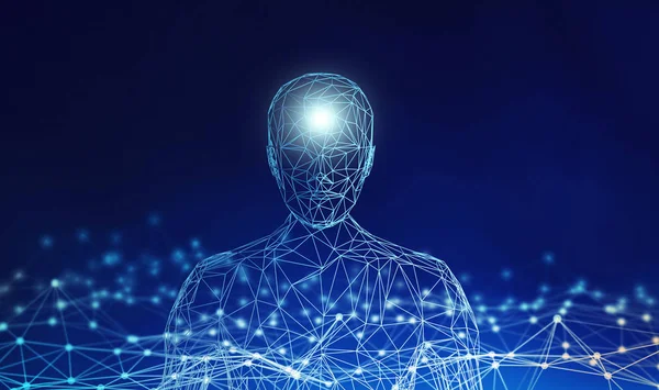 Human. Wireframe model with connection lines on blue background