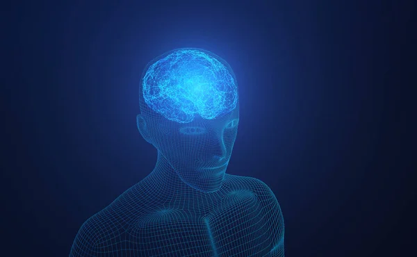 Cabeza humana con cerebro. Modelo Wireframe en negro, artificial —  Fotos de Stock