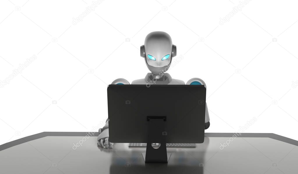 Robot using a computer isolated on white, artificial intelligenc