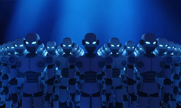 Group of robots on blue background, artificial intelligence — Stock Photo, Image