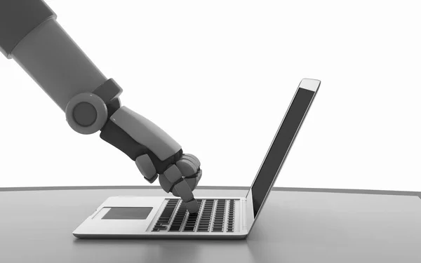 Robot using a computer isolated on white. Hand of artificial — Stock Photo, Image