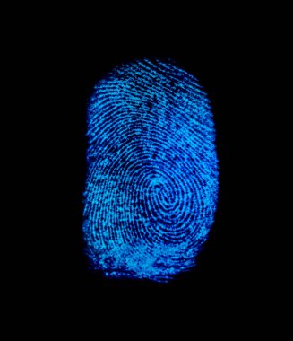 Blue fingerprint identification symbol isolated on black background in technology concept clipart
