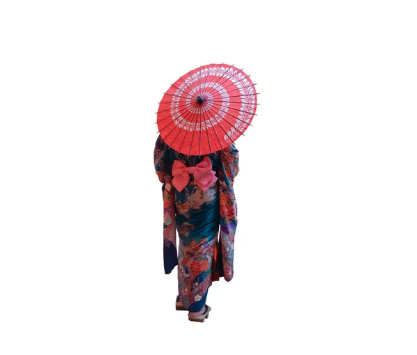 Japanese woman. Back view of young geisha wearing kimono costume — Stock Photo, Image