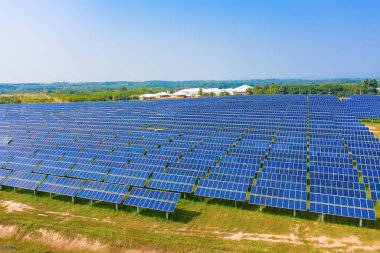 Çiftlikteki çatıdaki güneş panelleri veya güneş hücrelerinin hava görüntüsü. 