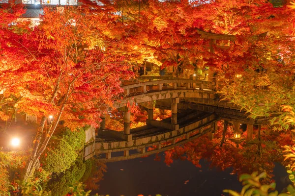 Храм Эйкандо Дзенринджи и деревянный мост с красными листьями клена — стоковое фото