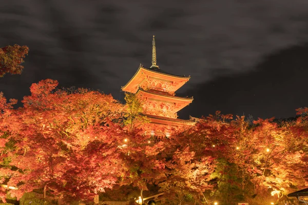 Kiyomizu Dera Pagoda Temple with red maple leaves or fall foliag — 스톡 사진