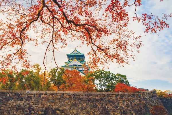 Osaka Castle building with colorful maple leaves or fall foliage — 스톡 사진