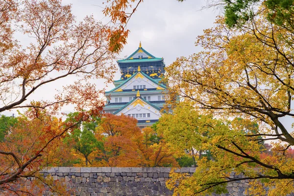 Osaka Castle building with colorful maple leaves or fall foliage — Stock Photo, Image