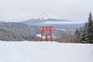 Asyalı kadın turist, Japonya 'nın Kawaguchiko kentinde Fuji Dağı' nda Kızıl Japon Torii kutbunda seyahat eder. Orman ağaçları kış mevsiminde doğa manzarası.
