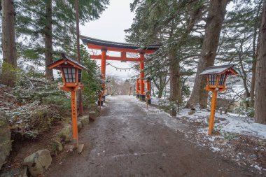 Hakone Jinja Heiwa no Torii gölle Hakone eski kasabası, Kanagawa, şehir merkezi Japonya 'da. Mimari manzara geçmişi.