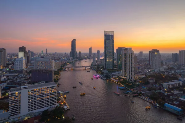 Vista Aérea Barcos Ponte Taksin Com Chao Phraya River Bangkok — Fotografia de Stock