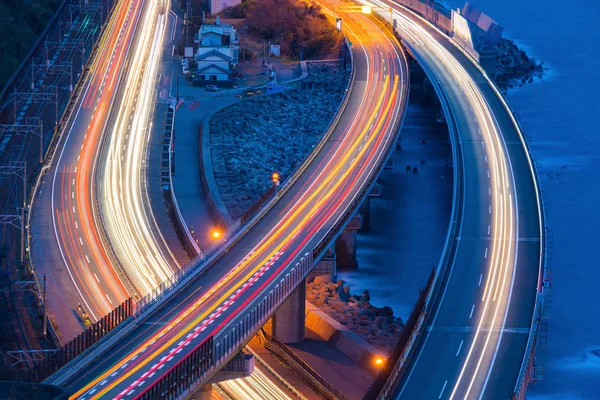 Aerial View Cars Driving Highway Junctions Bridge Roads Shape Connection — Stock Photo, Image