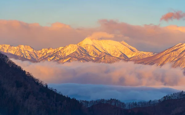 Aerial View Snowy Mountain Hills Morning Mist Fog Sunrise Nagano — Stock Photo, Image