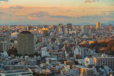 Tokyo şehir merkezinin hava manzarası Japonya 'nın şehir merkezi. Asya 'nın akıllı şehrinde apartmanlar ve yerleşim bölgeleri. Yüksek gökdelenler gün batımında binalar. Mimari manzara geçmişi.