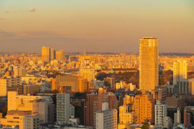 Tokyo şehir merkezinin hava manzarası Japonya 'nın şehir merkezi. Asya 'nın akıllı şehrinde apartmanlar ve yerleşim bölgeleri. Yüksek gökdelenler gün batımında binalar. Mimari manzara geçmişi.