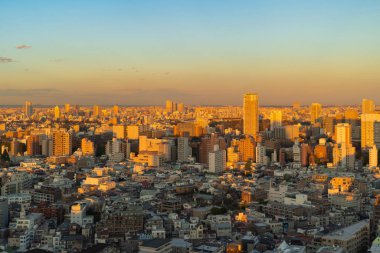 Tokyo şehir merkezinin hava manzarası Japonya 'nın şehir merkezi. Asya 'nın akıllı şehrinde apartmanlar ve yerleşim bölgeleri. Yüksek gökdelenler gün batımında binalar. Mimari manzara geçmişi.