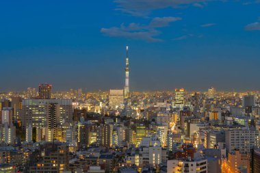 Tokyo Skytree 'nin hava manzarası. Şehir merkezi, Japonya 'nın şehir merkezi. Asya 'nın akıllı şehrinde apartmanlar ve bölge. Yüksek gökdelenler geceleri binalar. Mimari manzara geçmişi.